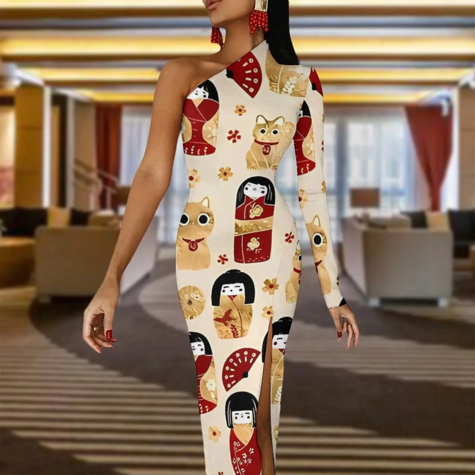 Japanese Dolls Maxi Dress One Shoulder Kokeshi and Maneki Neko Cats Night Club Bodycon Dress Spring Street Wear Long Dresses