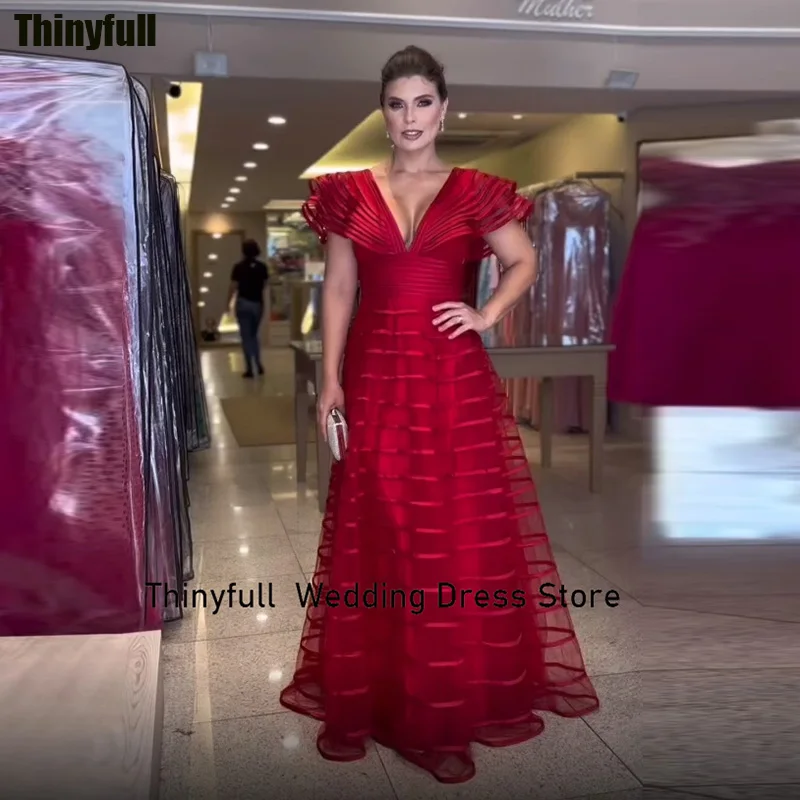 Thinyfull V-neck A-line Cap Sleeves Prom Dress Long Satin Evening Party Dress Saudi Arabic Formal Occasion Gown Robe De Soirée