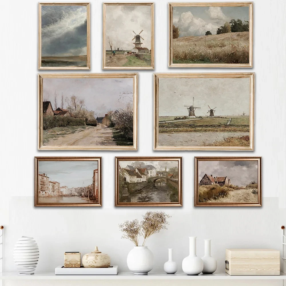 

Nordic Woodland Scenery Rustic Farm Windmill Wall Art Abstract Vintage Sky Amsterdam Town View Drawing for Home Decorations