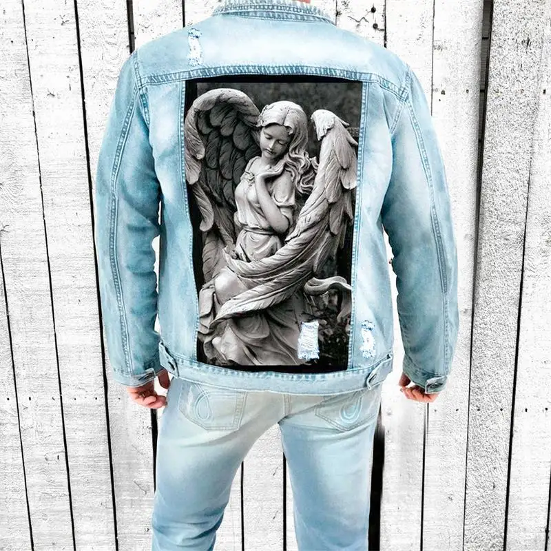 Men's Jacket 2024 Spring And Autumn New Broken Print Design Fashion Denim Lapel Casual Large Size Denim Coat