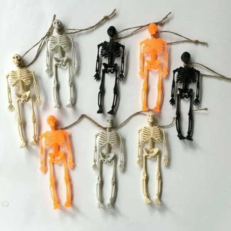 6pcs Halloween Skeleton With Rope Pendants Plastic Skull Kids Toy Halloween Party Decoration For Home Garden Haunted House Props
