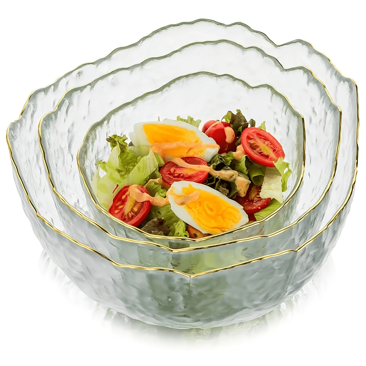 3-teiliges Set 400/800/1500ML Salatschüsseln, große Glasschüsseln mit Goldrand, klare Servierschüsseln für Obst, Desserts, Snacks, Pasta, Rührschüsseln, Küchen- und Esszimmergeschirr