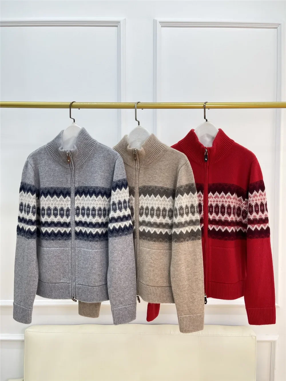 

Autumn Winter Women's Retro Jacquard Cardigan Cashmere Stand Collar Long Sleeve Fashion Ladies Knitted Sweater
