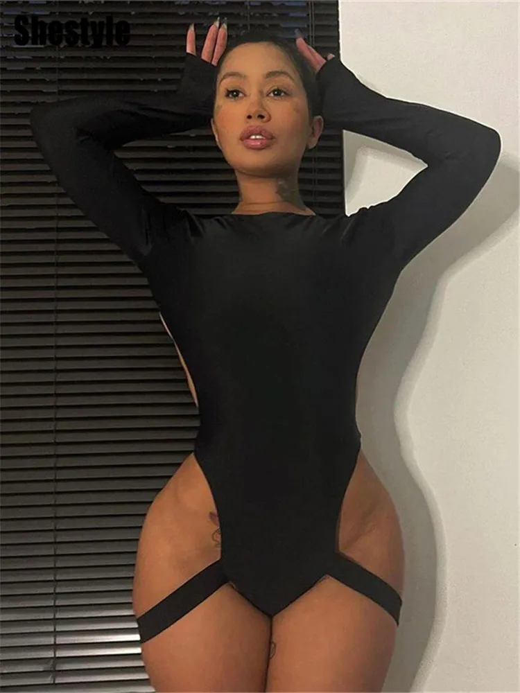 

Shestyle Backless Bodysuit with Garters Women Sexy Clubwear Thong Lingerie Long Sleeve Solid High Waist Tops Seductive Romantic