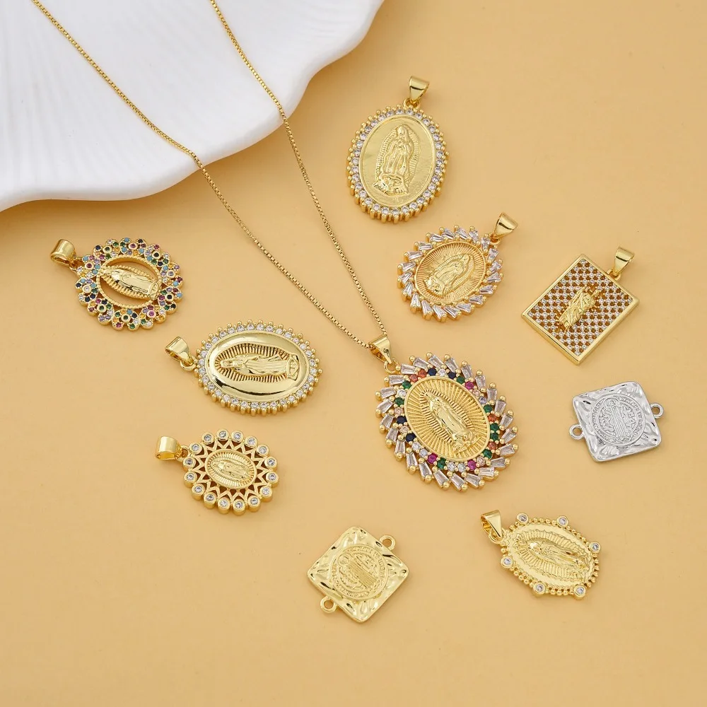 2 Pcs Virgin Mary Oval Square Pendant DIY Bracelet Necklace Jewelry Making Copper Plated Inlay Color Zircon Hollow Accessories