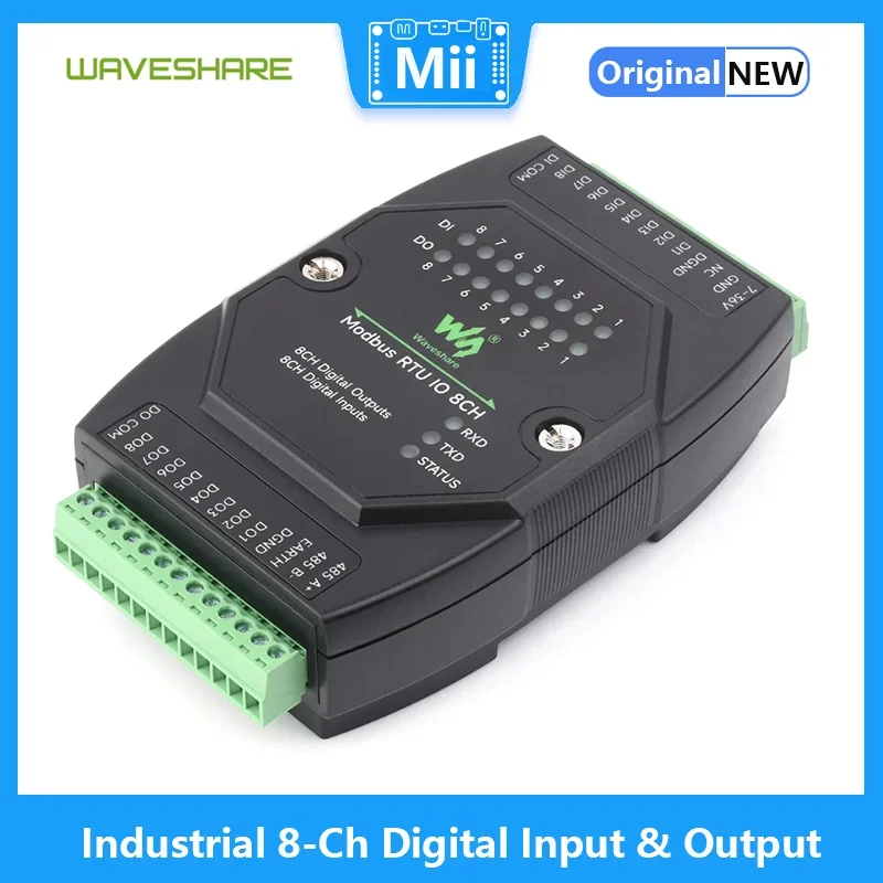 

Waveshare Industrial 8-Ch Digital Input & Output Module, DC 7~36V Wide Voltage Power Supply, Modbus RTU Protocol