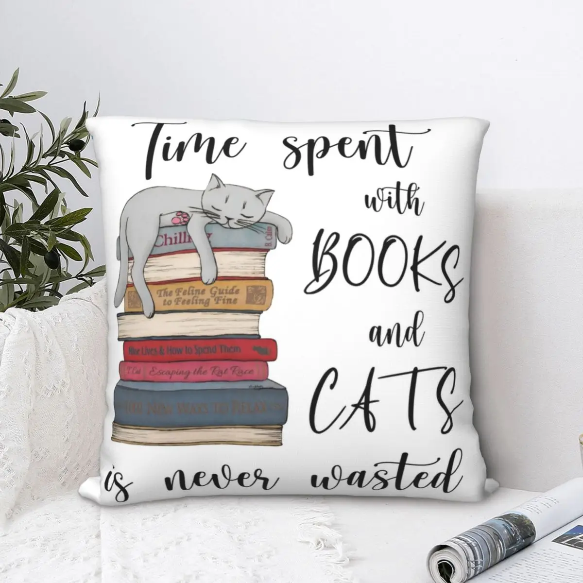 

Time Spent WIth Books And Cats Square Pillowcase Polyester Pillow Cover Velvet Cushion Zip Decorative Comfort Throw Pillow home