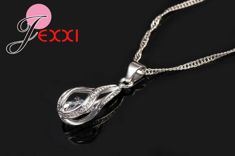 925 Sterling Silver Needle Classic Drop Shape White Crystal Jewelry Sets Water Wave Necklace Pendant Hoop Earrings