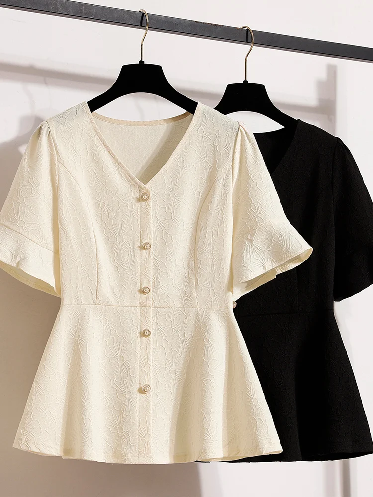 

Ele V-Ne ort Sve Women's irt Summer plus Size Waist Cinching Belly Covering Doll irt European Sle Top