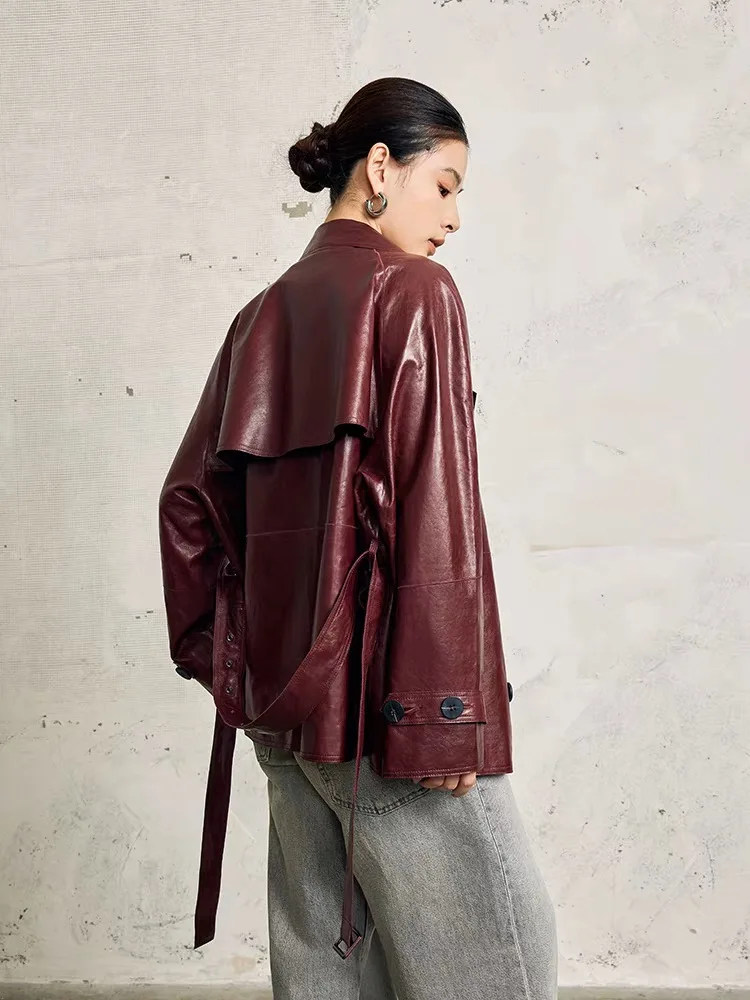 Giacca in vera pelle per abbigliamento donna Cappotto da cintura con colletto sartoriale chic femminile Mujer Oversize Novità in capispalla doppio petto