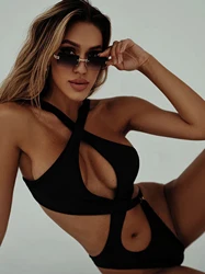 Sexy Cut Out Women Swimsuits Halter Monokini 2024 Trend Swimwear Bathing Suit Waistless Push Up Beachwear Female Clothing Padded