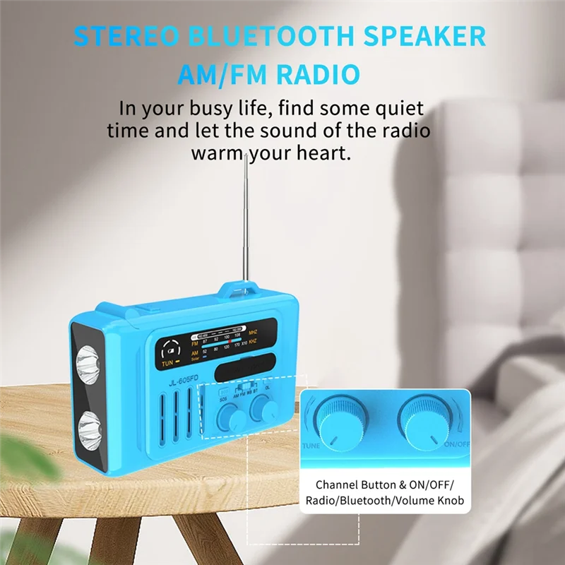 ABMF-الطاقة الشمسية كرنك اليد راديو في الهواء الطلق الشمسية كرنك اليد راديو المحمولة AM/FM/NOAA راديو سمّاعات بلوتوث مع LED القراءة مصباح بلو