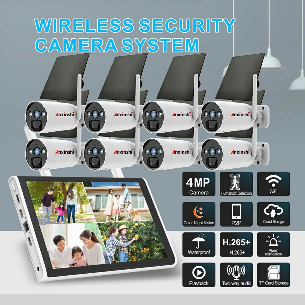 

Anxinshi Wireless NVR Solar Camera Kit With 10inch NVR Screen Wifi Security Camera System AI Human Detection P2P