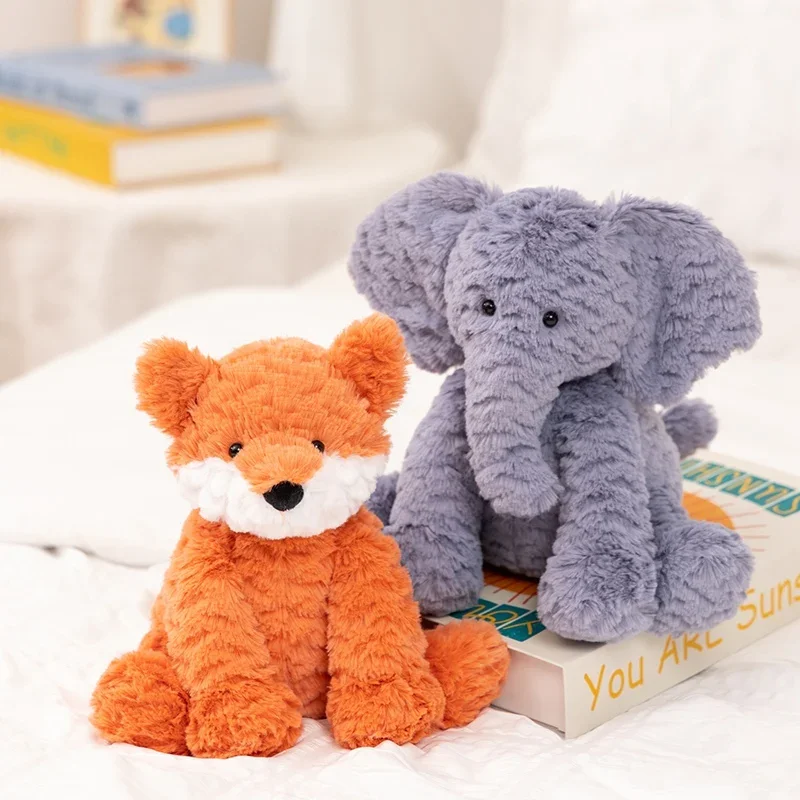 Cute Fluffy Sitting Animal Plush Doll, Wavy Texture Fox Cat Dog Elephant Lamb Stuffed Toy for Gifts.