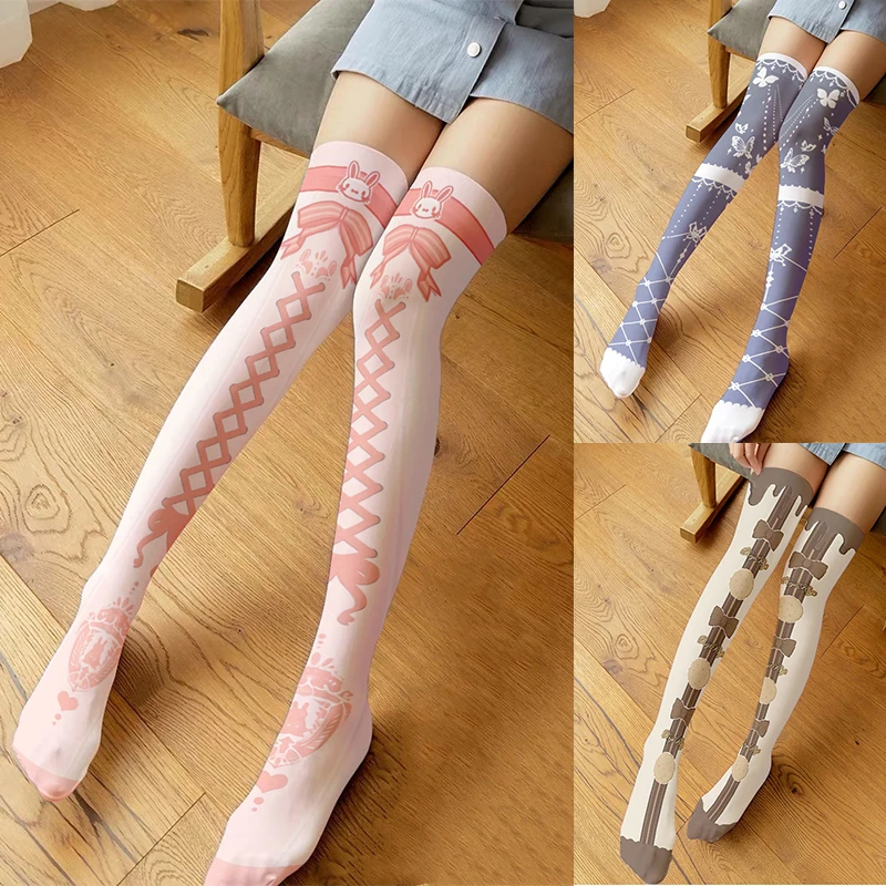 Kobiety Sexy zakolanówki pończochy 3D drukowanie Harajuku moda różowy Bbow krawat słodki Kawaii na kolano Stocking kwadratowy Element