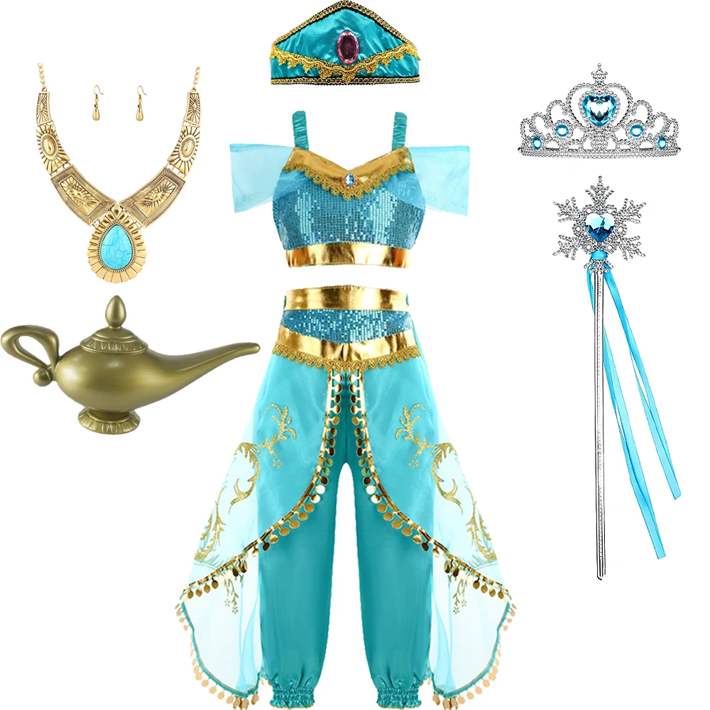 Blaues Arabisches Prinzessinnen-Tanzkostüm-Set für Kinder, Halloween, Weihnachten, Karneval, Geburtstag, Cosplay – Detail 10