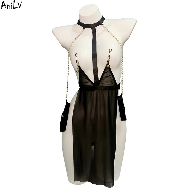 

AniLV Women Mesh Transparent Temperament Uniform Chain Chest Clip Dress Lingerie Pajamas Outfit Costumes
