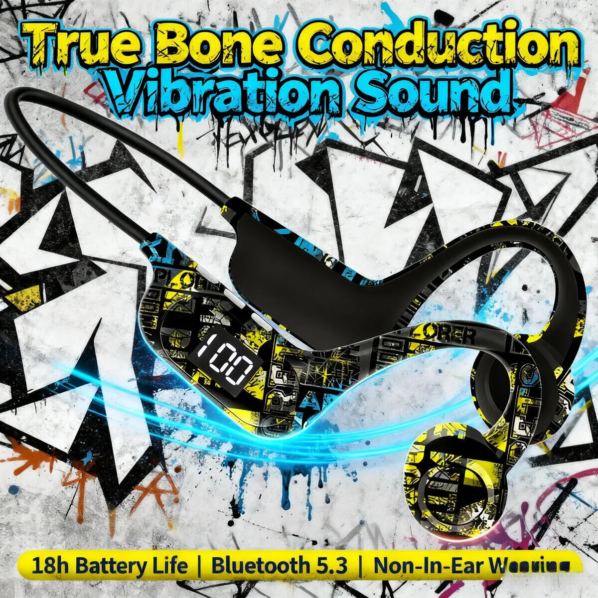 

Bone Conduction Graffiti Style Bluetooth Wirelss Neck Mounted Sport Headphones LED Digital Display Support TF Card Music Headset