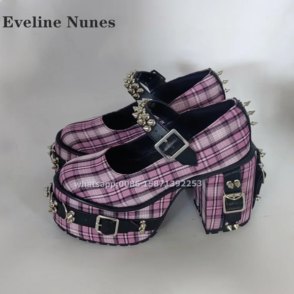 Pink Plaid Rivet Buckle Strap Pumps Round Toe Chunky Heels Shallow Punk Women Mary Janes Gothic Style Plus Size Shoes 2024 Trend