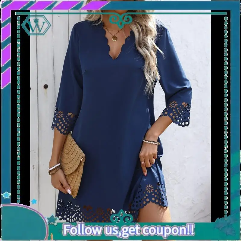 A09P Women's Casual T Shirt Dress Summer 3/4 Length Sleeve Hollow Swing Dresses