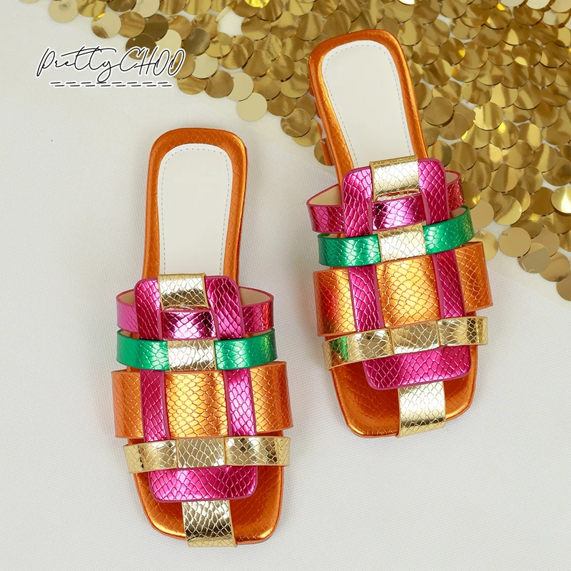 Rainbow Color Weaved Mule Slides Woman Luxury Brand Design Square Toe Flat Sandals Ladies Summer Bright  Beach Slipper Shoes