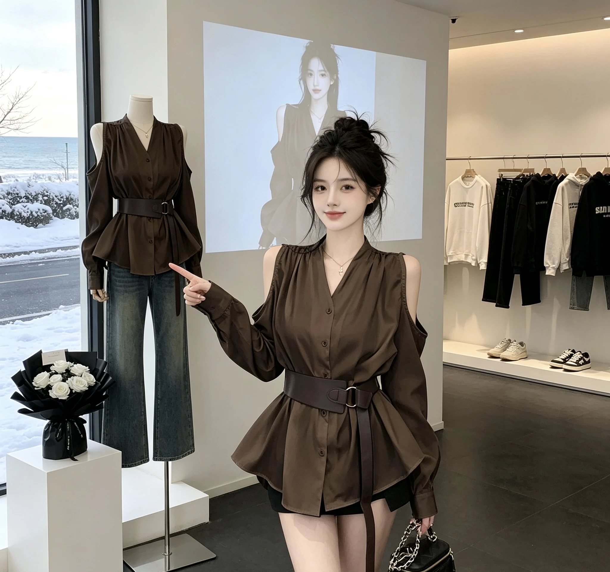 

Elegant Spicy Girl V-Neck Hollow out Shoulder Versatile Shirt Irregular Single Button Women's Top with Belt Commute Style Sli...