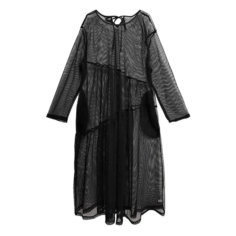 夏のレディースホローアウトドレス、メッシュスプライシングルーズレディースドレス、パーソナライズピンクロングシャツ、和風2025