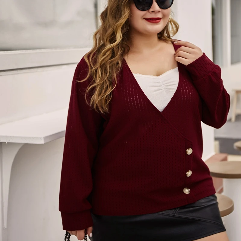 

Осенний модный женский повседневный свитер больших размеров, сексуальный свободный однотонный свитер с v-образным вырезом и длинными рукавами на пуговицах