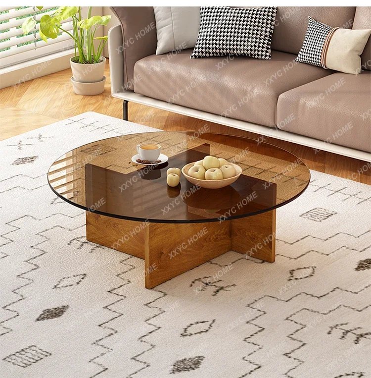 LRound Tempered Glass Coffee Table Living Room Home Antique Style New Minimalist High-end Creative Low Table