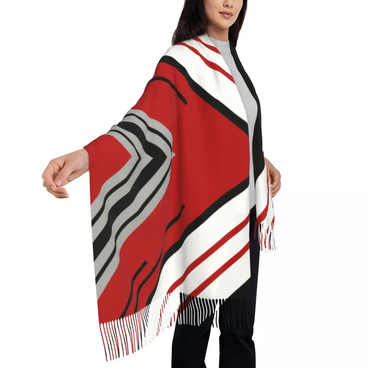 Diagonal Stripes Design Tassel Scarf Women Soft Elegant Abstract Geometric Pattern Shawls Wraps Lady Winter Scarves