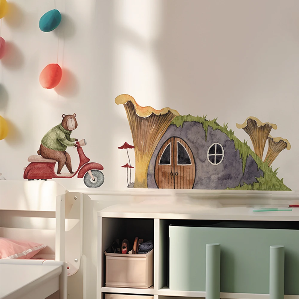 Boho Fabric Cartoon Mushroom House Bear Car Pattern Wall Stickers for Kids Room Baby Nursery Room Home Decor Interior Decals
