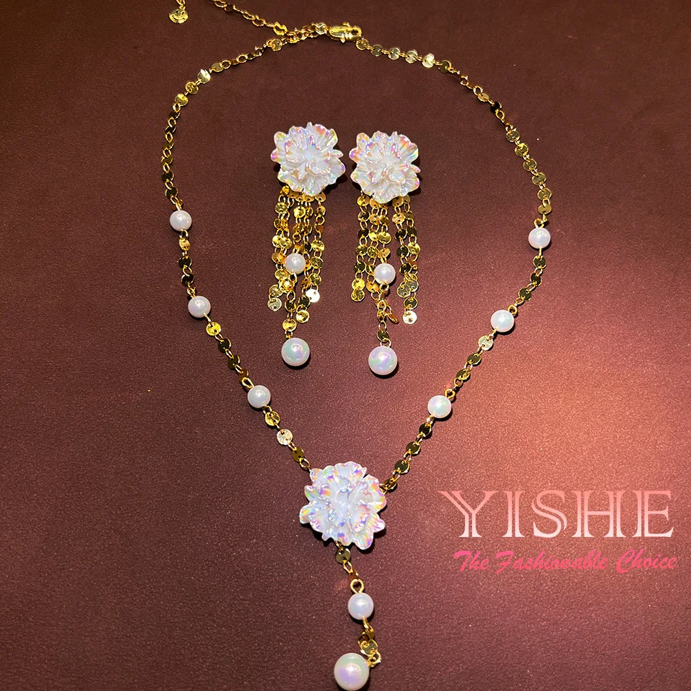 18K camellia jewelry set, niche copper-plated real gold Internet celebrity explosion pearl fringed earrings necklace