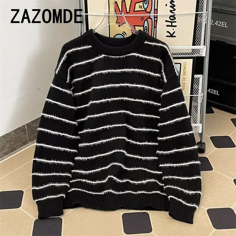 ZAZOMDE Harajuku Autumn Winter Striped Pullover Knitted Sweater Men\'s Loose Casual High Street Tops Sweaters Male Clothes 2024