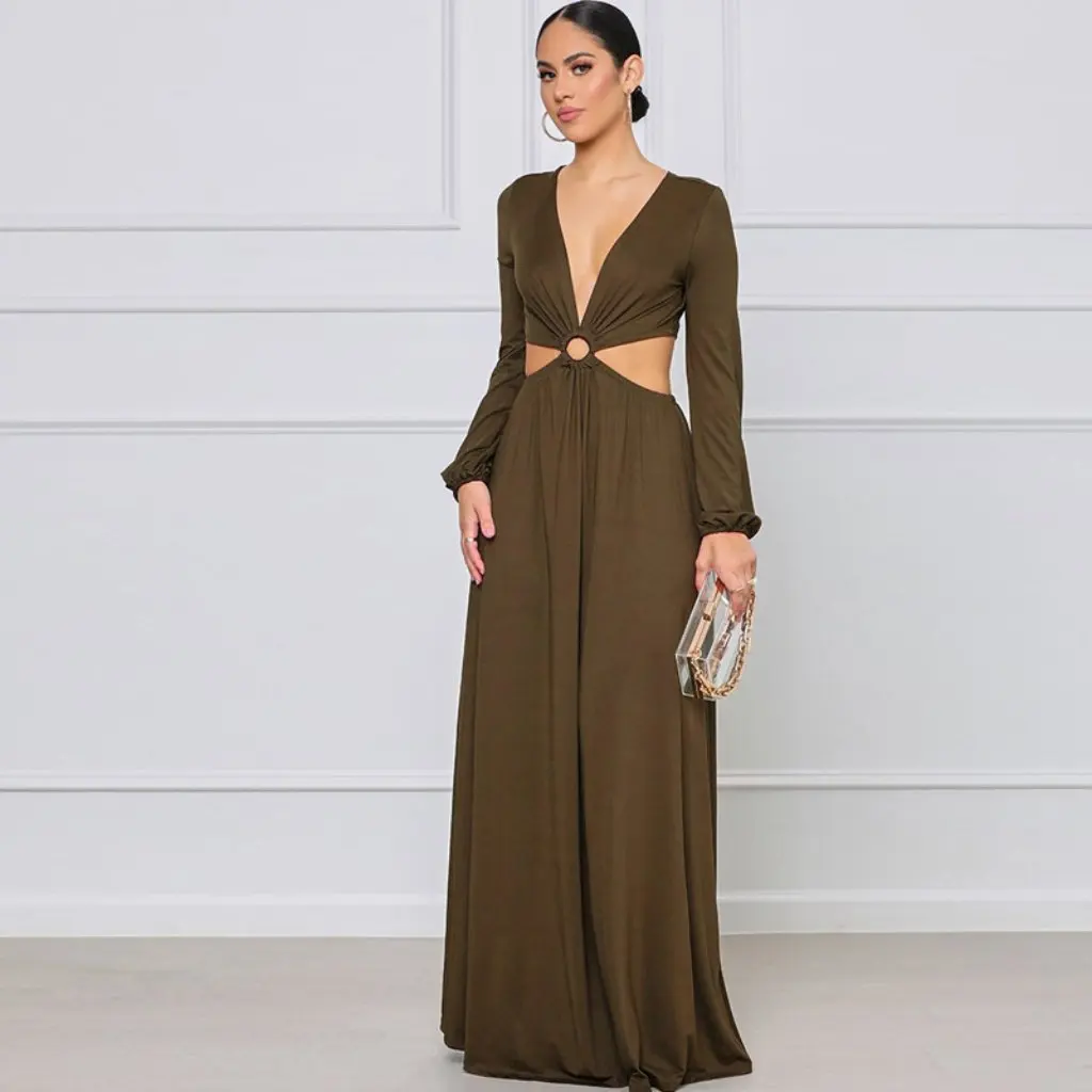 Vestido longo feminino sexy decote em v profundo oco design cor sólida outono inverno novo estilo europeu americano