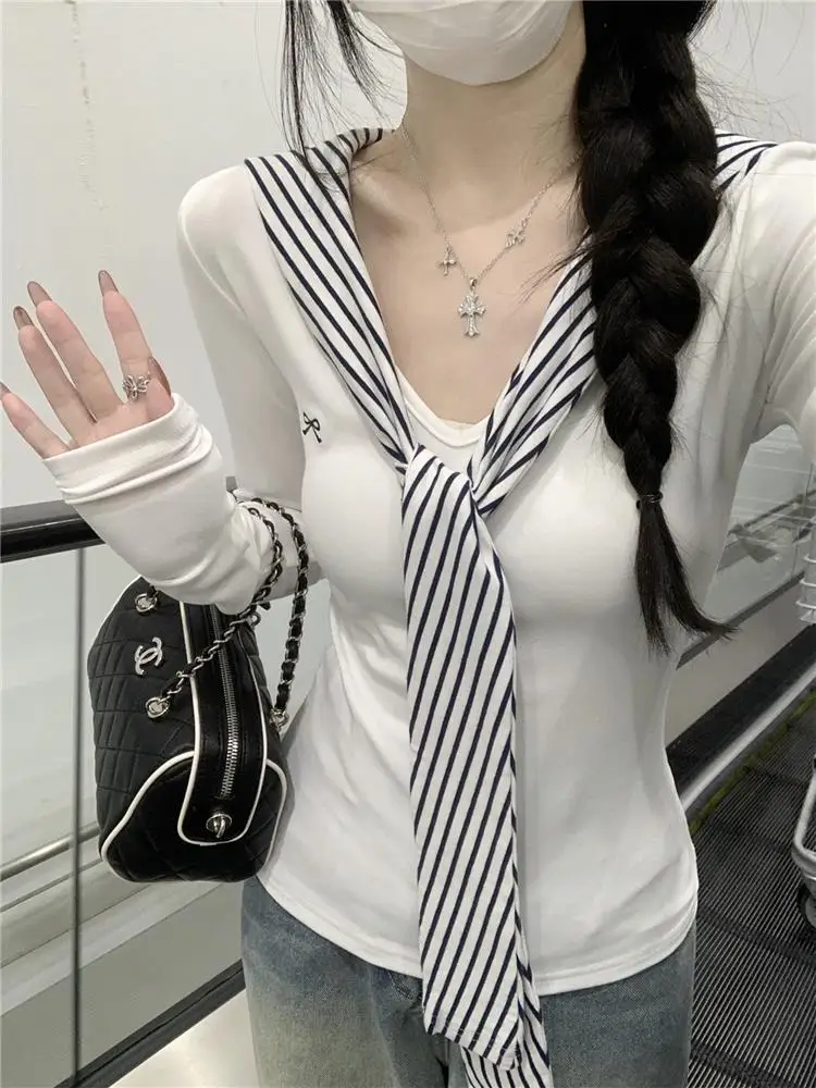 

Korean Style Knot Embroidered Striped Shoulder Wrap V-Neck Long Sleeve Women's T-Shirt Slim Fit White Top