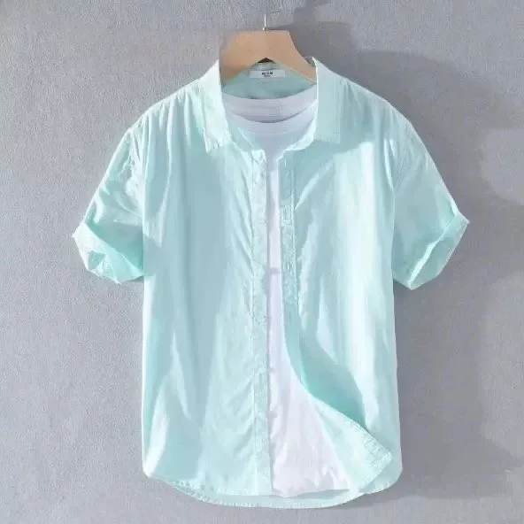 

Men's Linen Shirt Short Sleeve Loose Fit Summer Breathable Thin Cotton Linen Casual Style Pure Color Turn-down Collar Top
