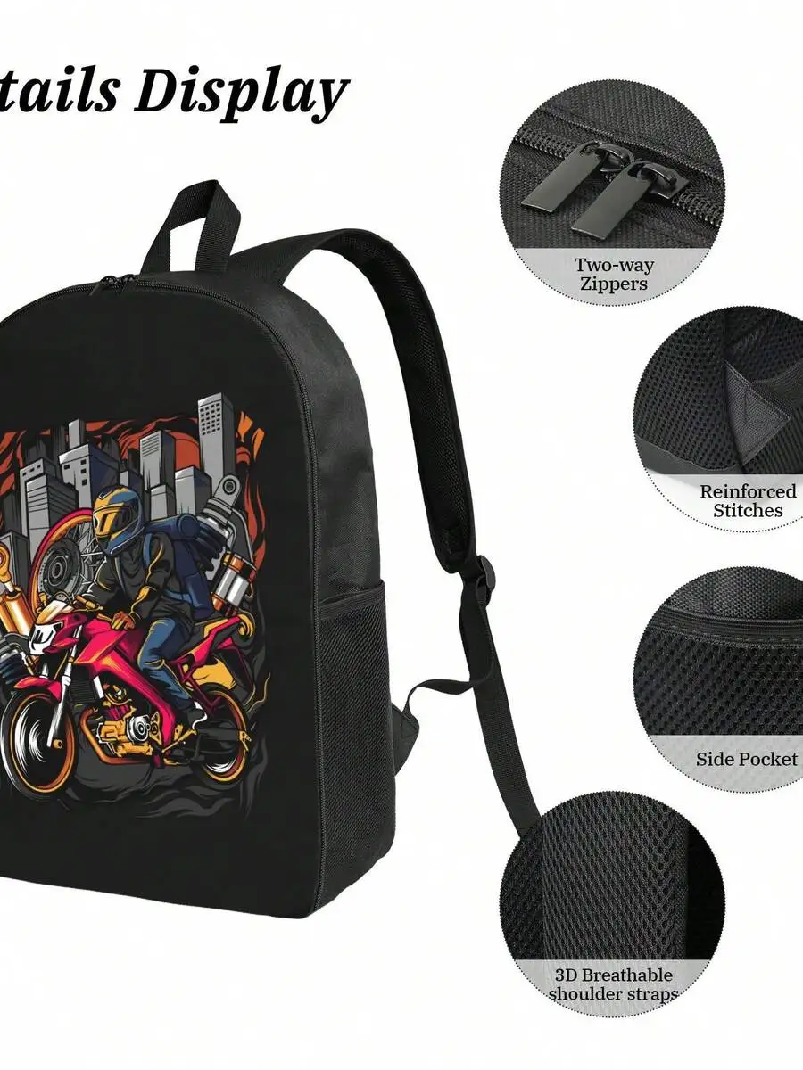 

Stylish Motorcycle Print Backpack For Adults Durable Waterproof Casual School Travel Bag
