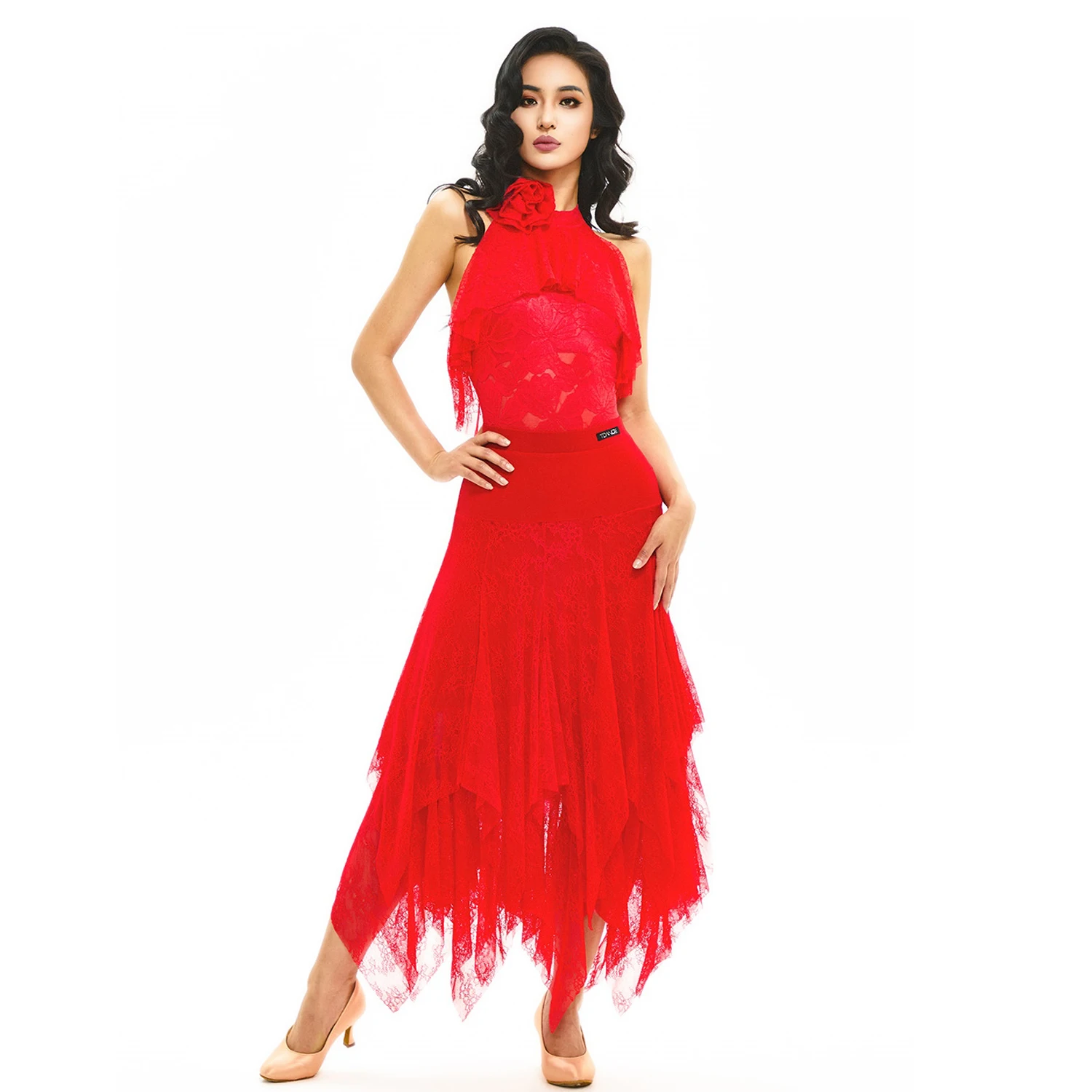 レディースワルツダンス衣装社交ダンスパフォーマンスドレス赤い花レーストップスロングスカートタンゴ競技服 SS1063