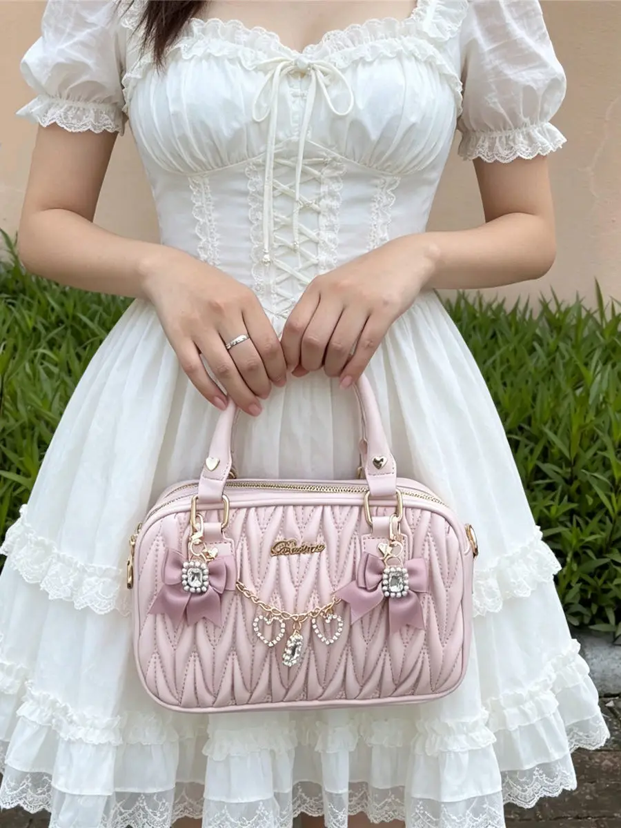 Japanese Lolita Handbag Heart Pearl Girl Shoulder Bags Rhinestone Pleated Bowknot Women's Handbags Elegant Crossbody Boston Bag