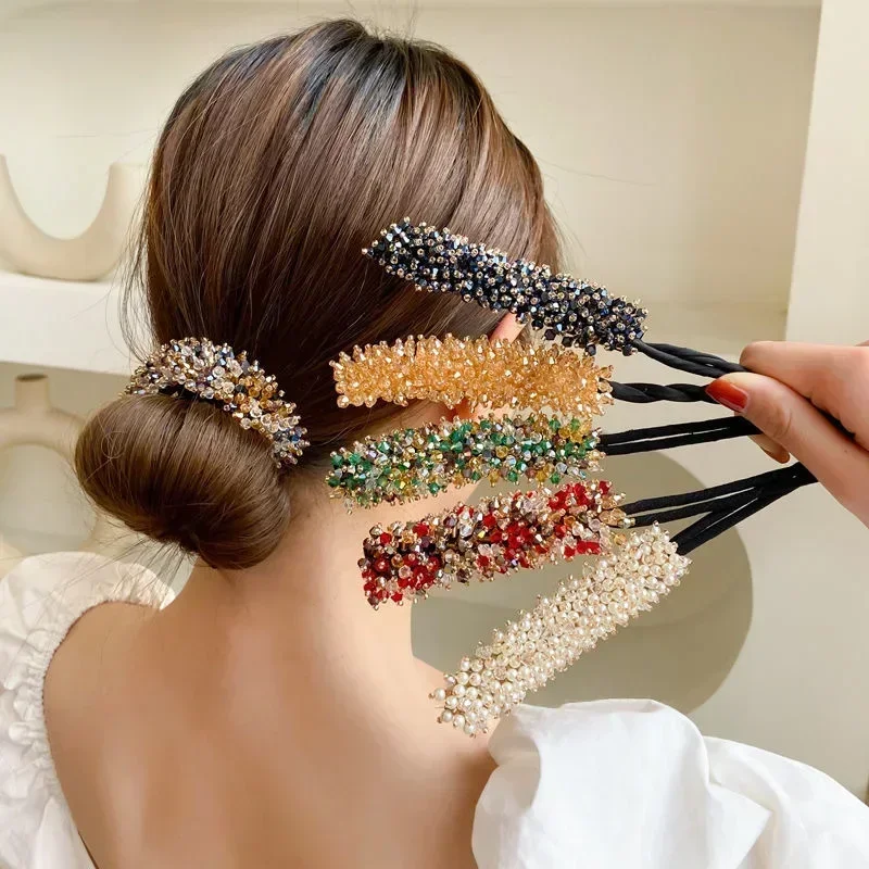 Women Easy Hair Bun Maker Floral Crystal Donut Updo Hair Stick DIY Plate Bendable Hairband Chignon Hair Accessories Gift