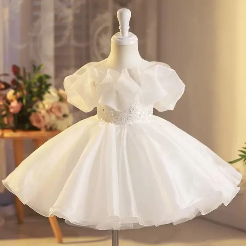 

New White Sequined Princess Evening Gown Children's Host Wedding Birthday Baptism Party Flower Girls Dress A3906 Vestidos