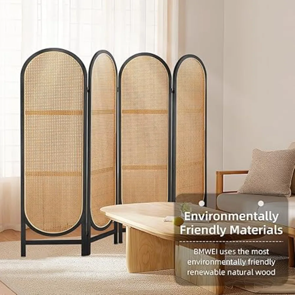 4 Panels Room Dividers, Foldable Wooden Room Dividers, Individual Privacy Screens Made of Hand-Woven Rattan