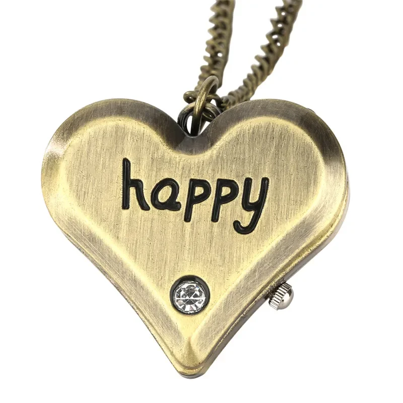 Vintage Bronze Engraved Happy Words Crystal Deco Unisex Quartz Pocket Watch Sweater Necklace Fob Chain Collectable Timepice Gift