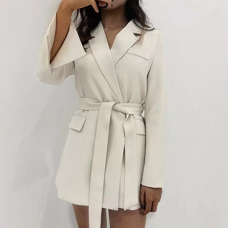 

Элегантный офисный жакет для женщин, весна 2024, с поясом, приталенный, в деловом стиле, с длинным рукавом, средней длины, из полиэстера, повседневная одежда