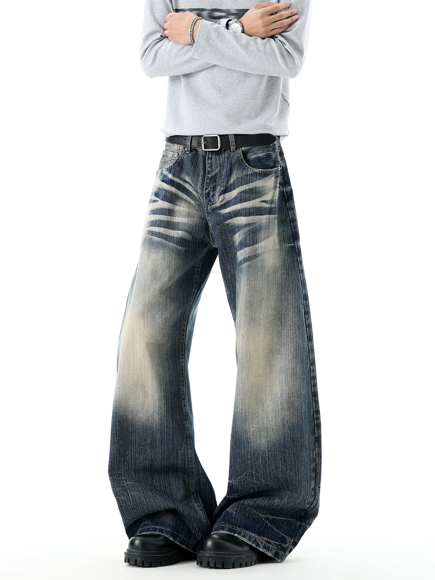 

Boyue American Retro Waed Denim Jeans Men's Loose Casual High Street Advanced Feeling Knife Pants Watered Outdated