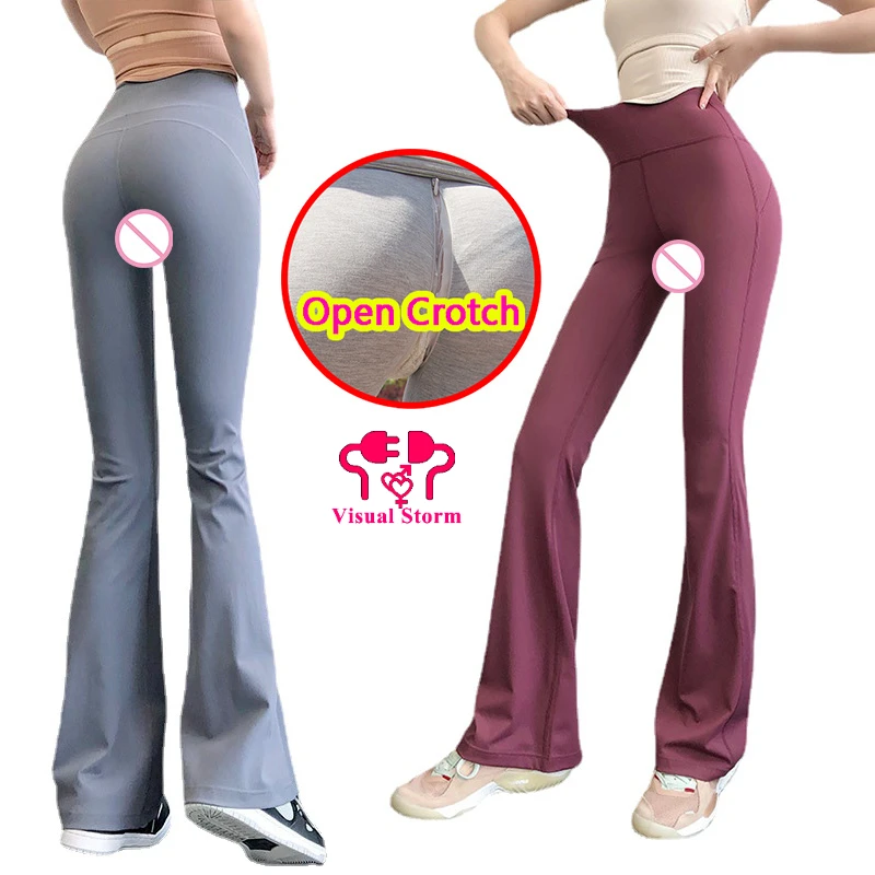 

Woman's Sexy Open Crotch Leggings Hidden Zippers Flare Hot Pants Gym Crotchless Booty Lift Dance High Rise Outdoor Sex Trouser