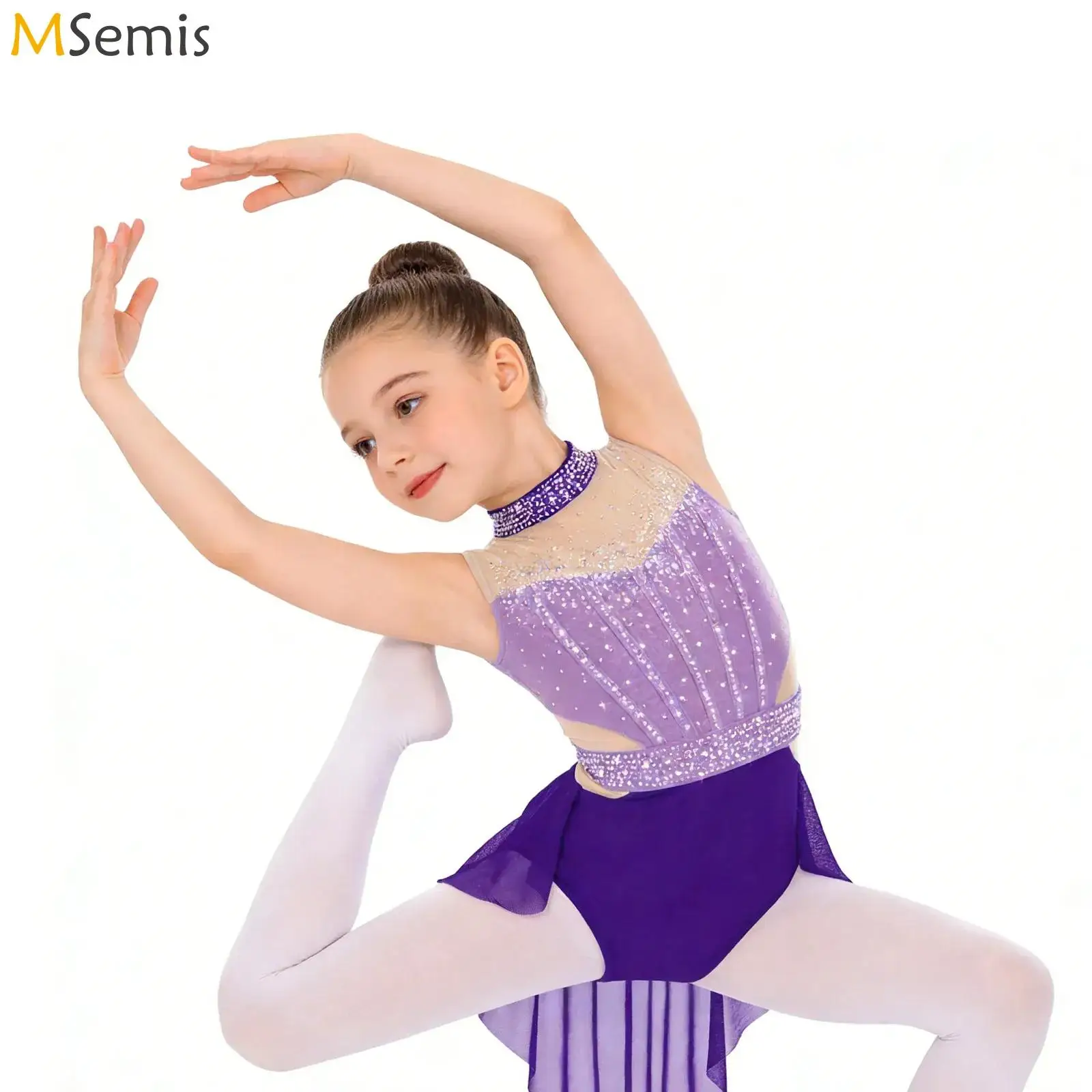 

Kids Girls Ballet Jersey Costume High Neck Lyrical Dress Dancewear Shiny Rhinestone Chiffon Figure Skating Performance Outfit