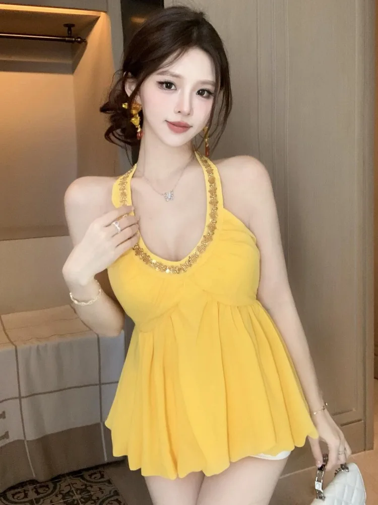 

Summer Sexy Slim Fit Beaded Sequin Chiffon Women's Top Hanging Neck Strap Vest Design Sensual Pure Desire City Walk Fashion
