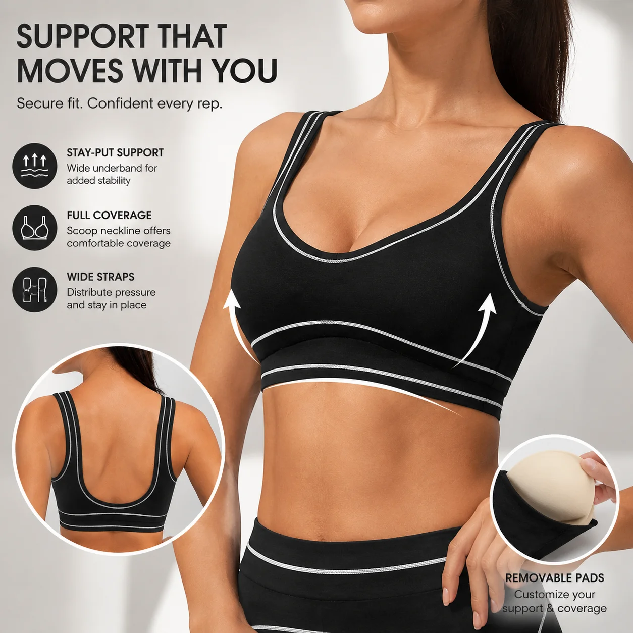 Women's Contrast Trim Wide Strap Sports Bra - Removable Padded Scoop Neck Buttery Soft Yoga Gym Bra, Multiple Colors, S-XL