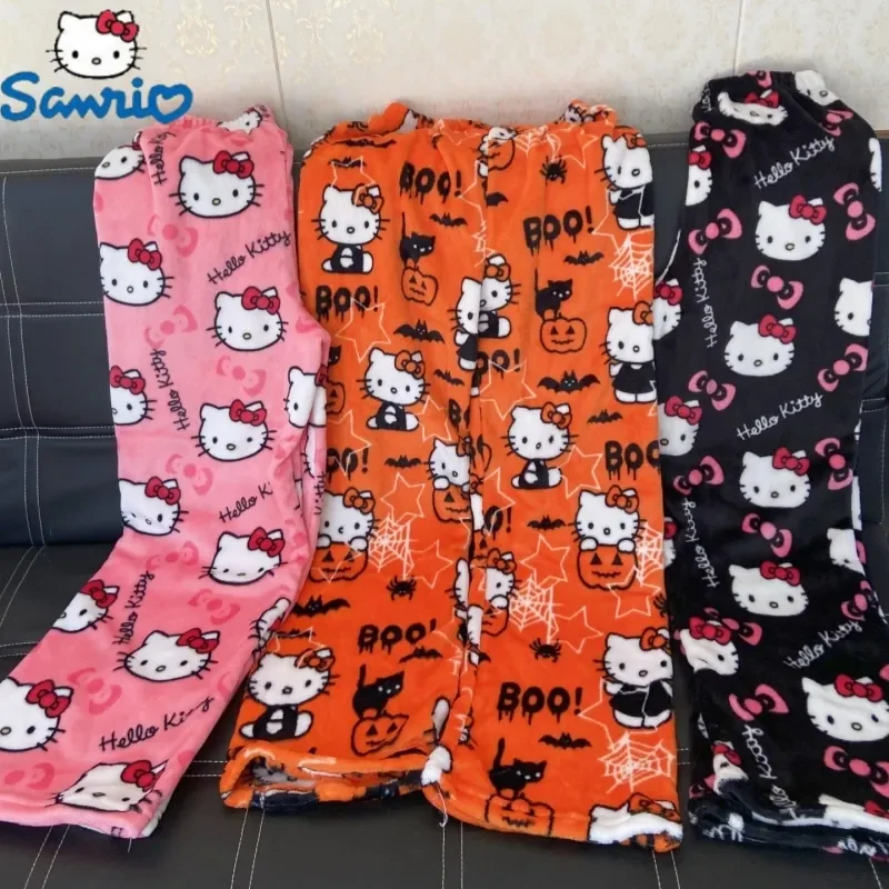 New Sanrio Hello Kitty Pajamas Halloween Flannel Fashion Trouserswomen Kawaii Woolen Anime Cartoon Casual Home Pants Winter